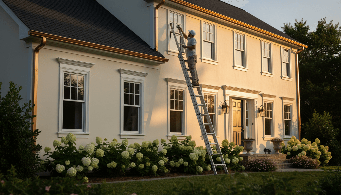 Professional painter inspecting freshly painted home exterior with premium gutter system installed